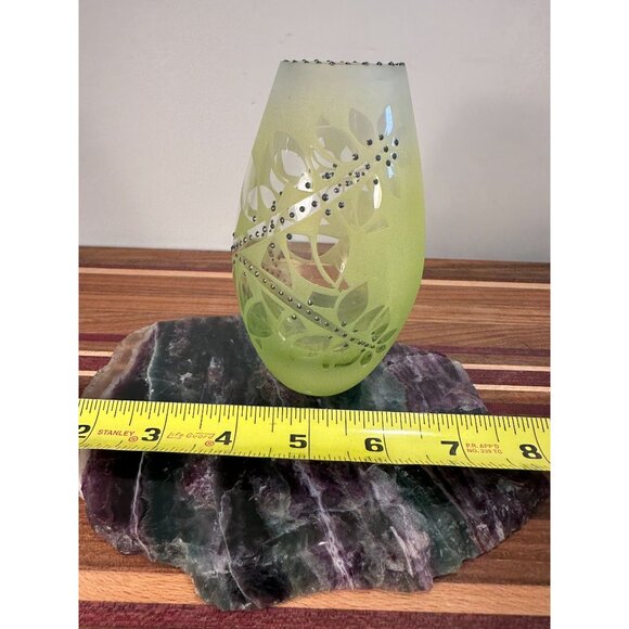 Handcrafted Frosted Green Glass Vase With Silver Accents & Intricate Leaf Design - Picture 8 of 10
